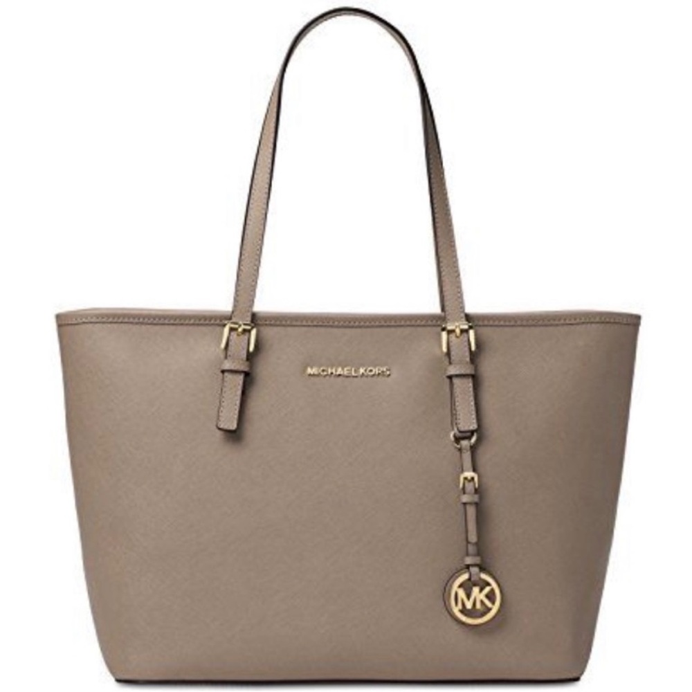 Michael Kors Jet Set Travel Tote Bag Taupe Large MK Logo Charm